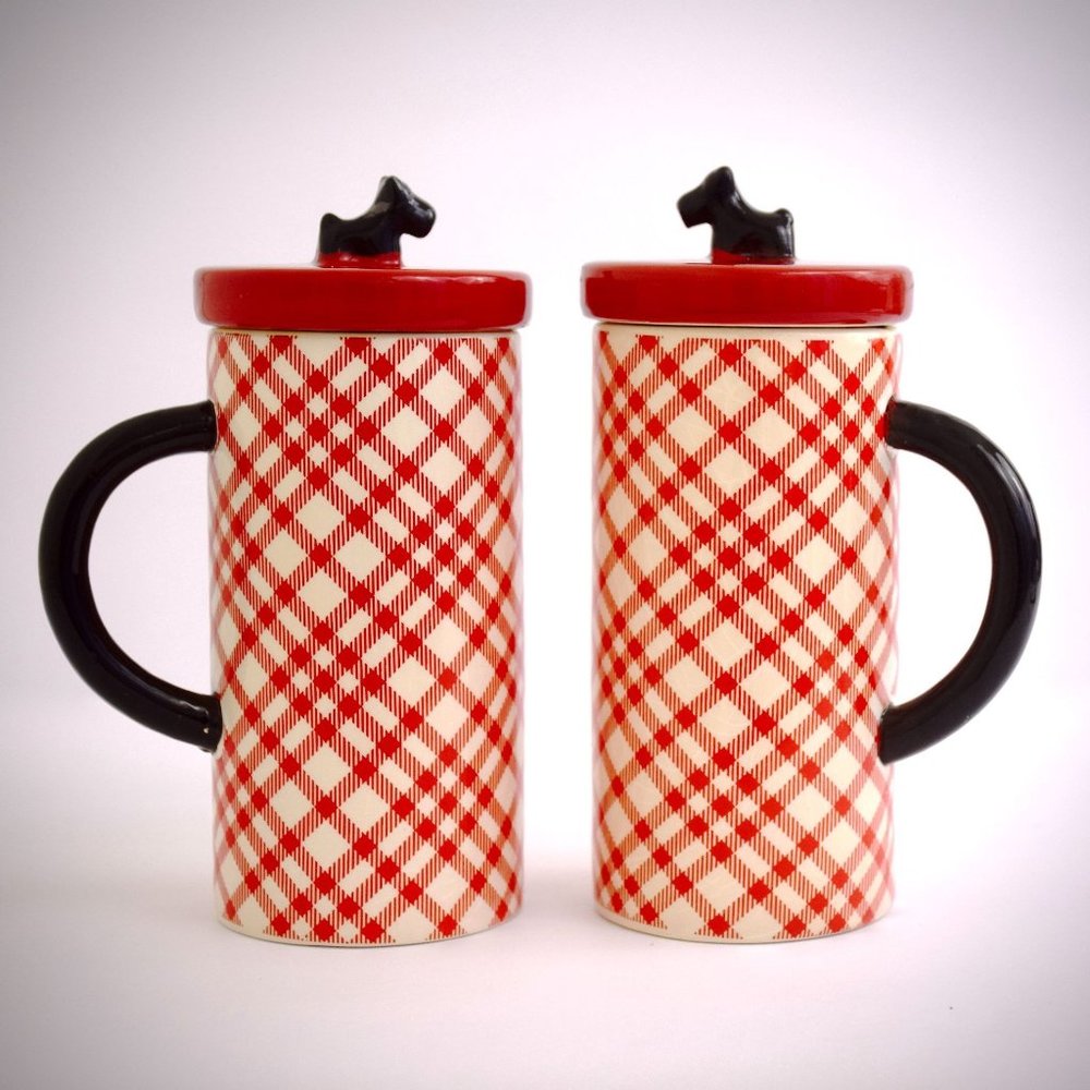 MSRF Design Studios Tall Scottie Dog Mug Lid Red Plaid Terrier Black Handle